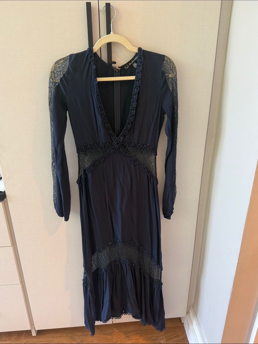 For Love & Lemons Navy Long Sleeve Lace-Trim Maxi Dress